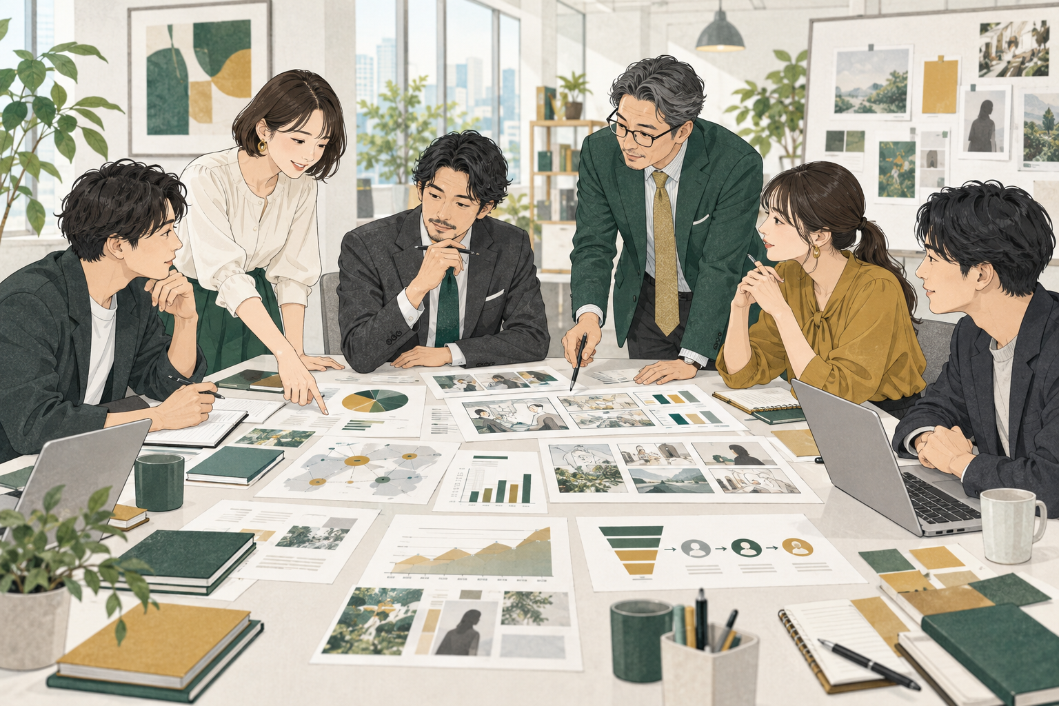 戦略・広告運用・制作・分析を担う専門チームが一つの事業目標を検討する様子