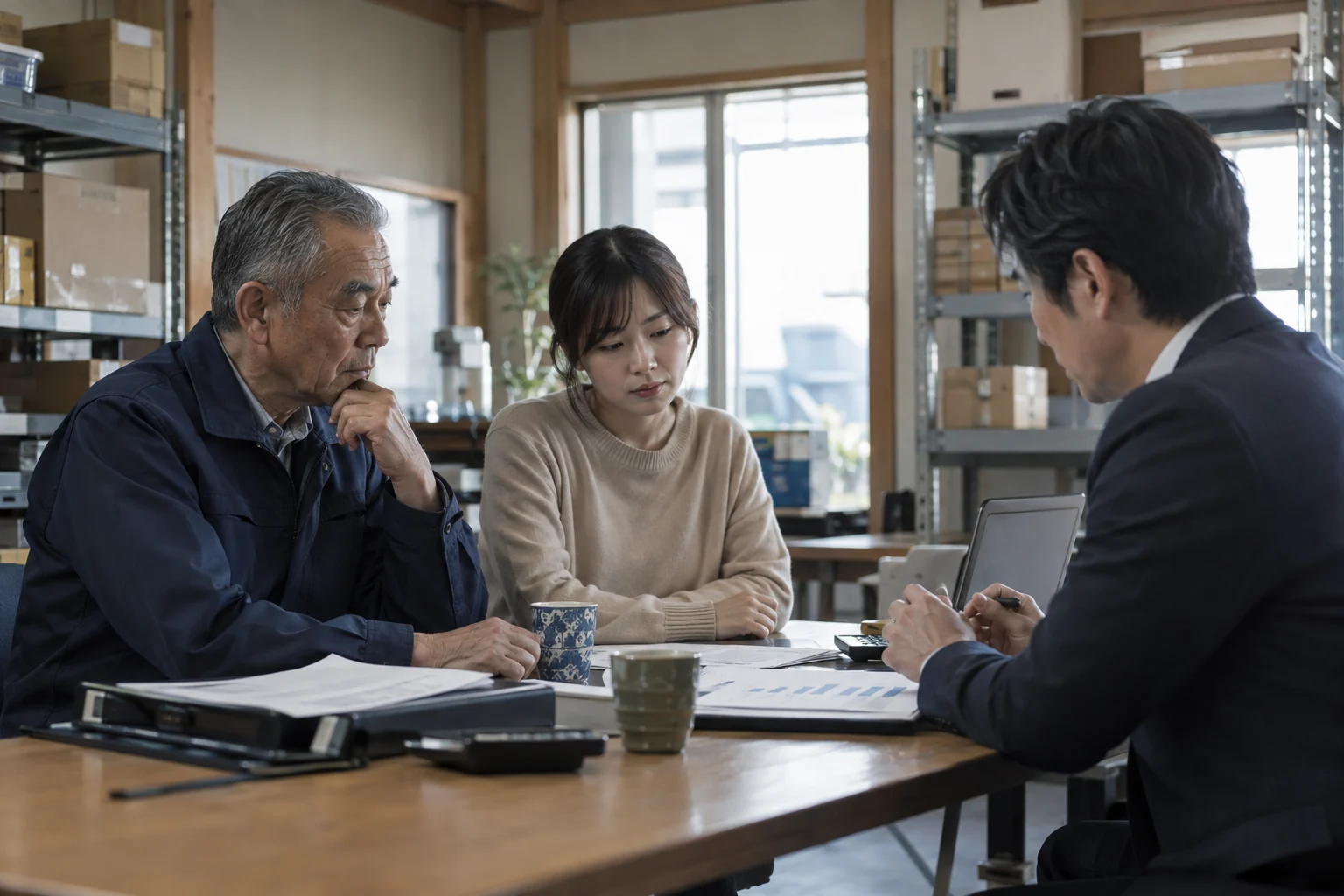 倉庫事務所で事業の引継ぎを相談する経営者と後継者