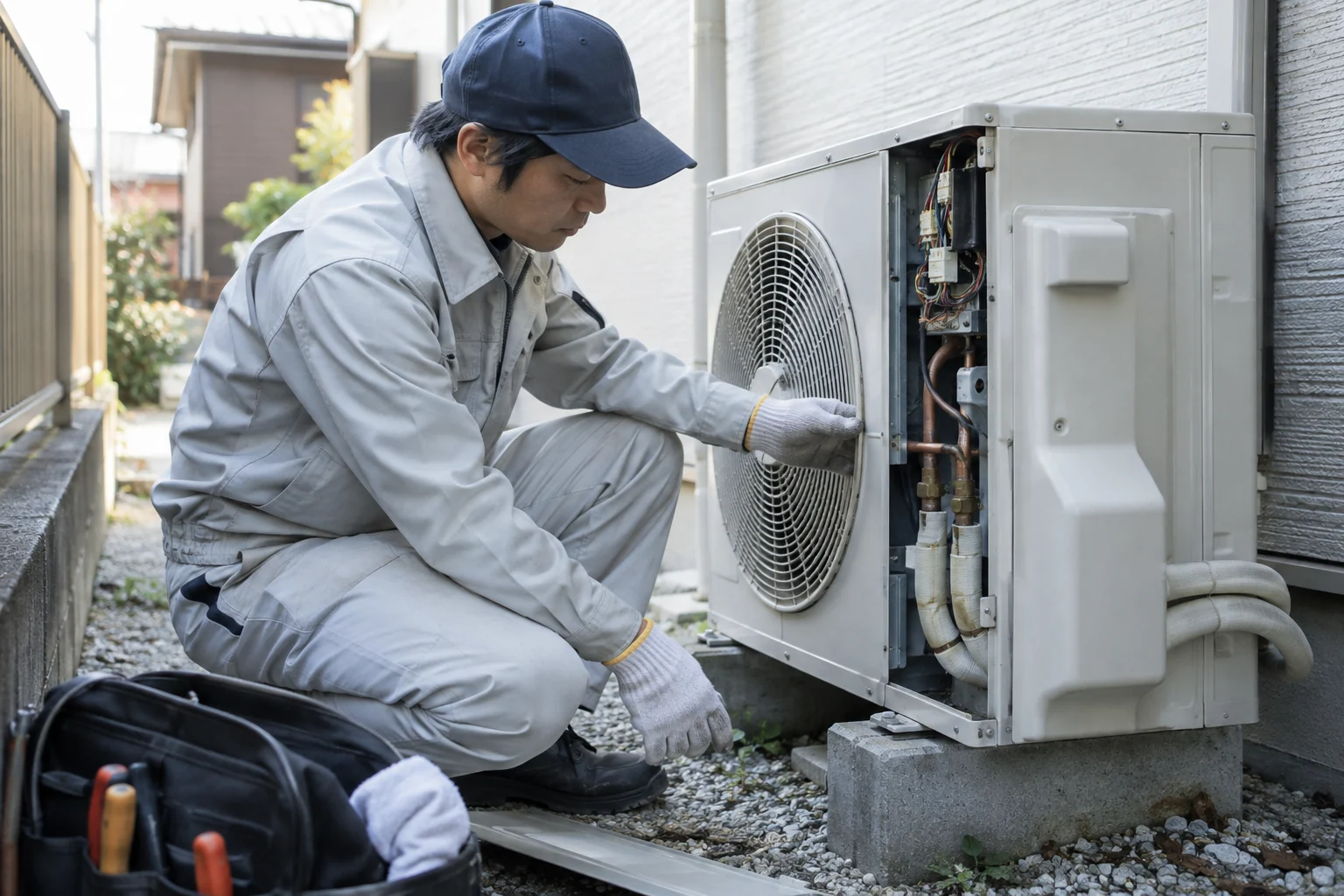 屋外の空調機器を点検する設備担当者