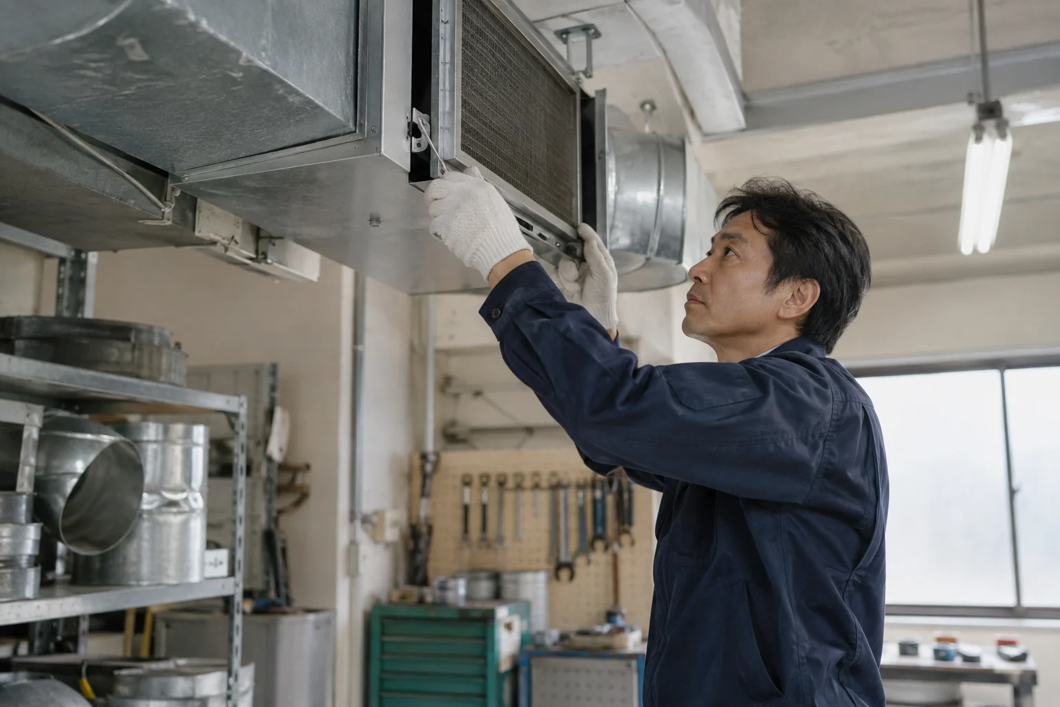 工具とダクト部品を整える作業場