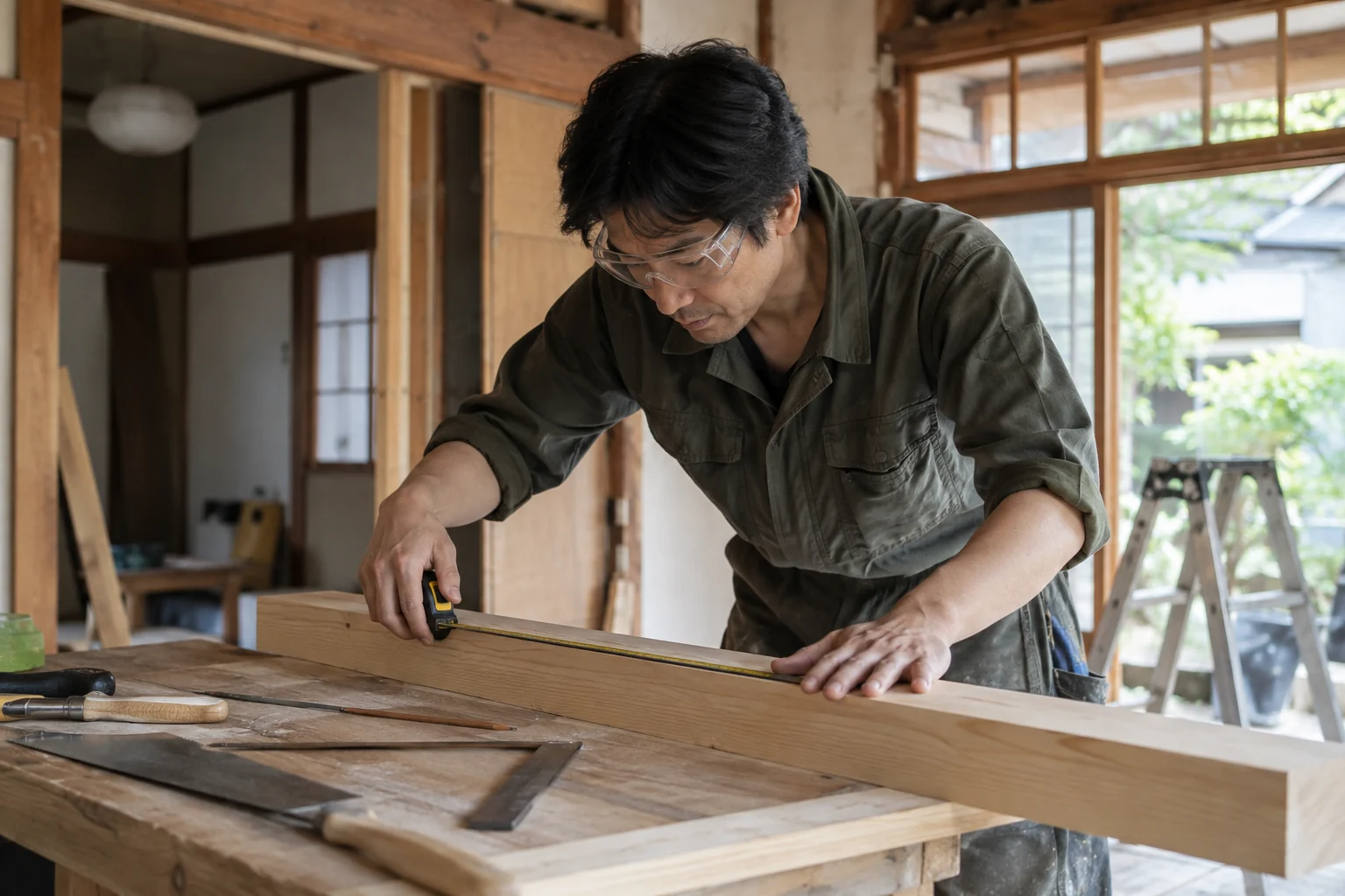 作業台で木材を確かめる大工