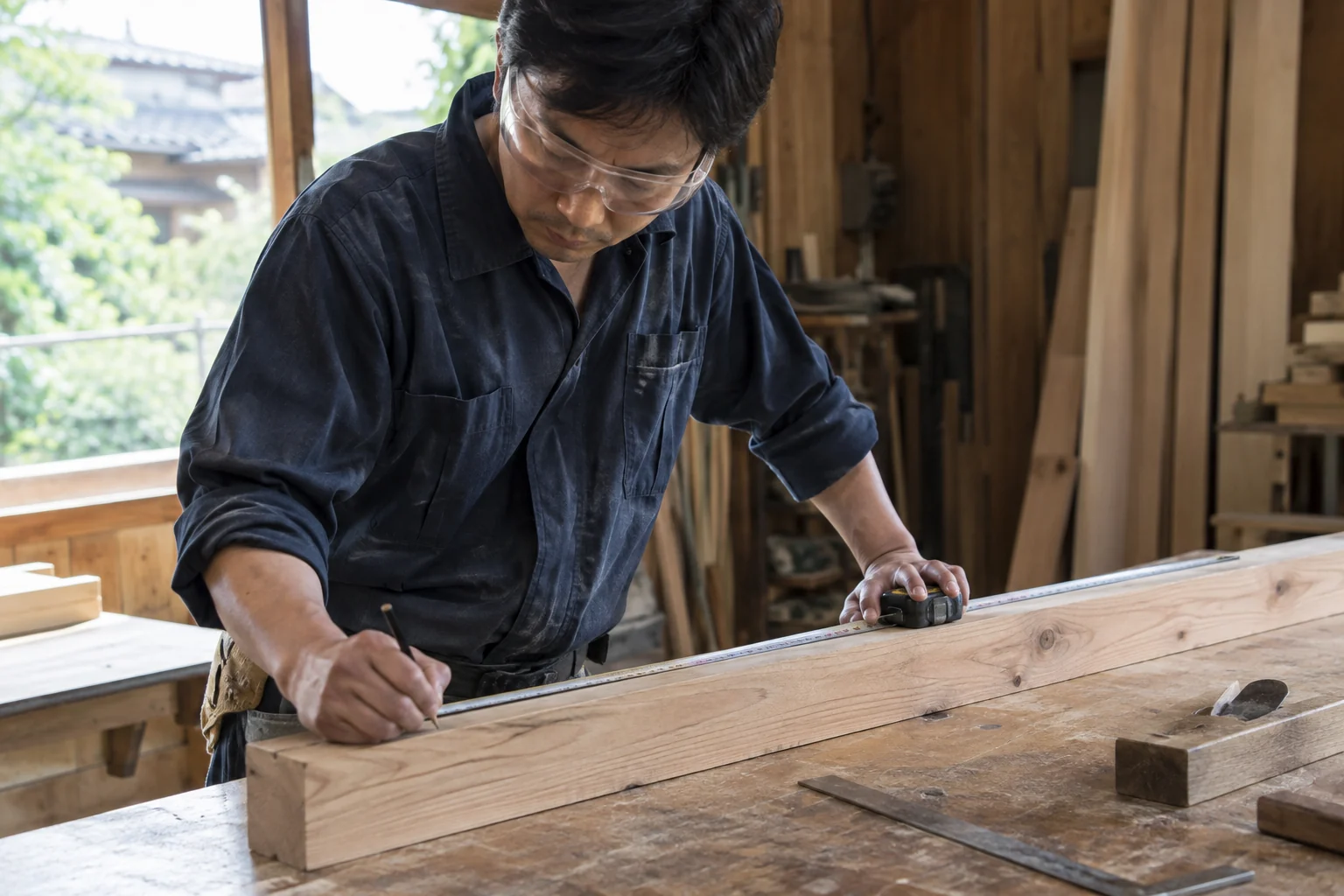 作業台で木材を確かめる大工