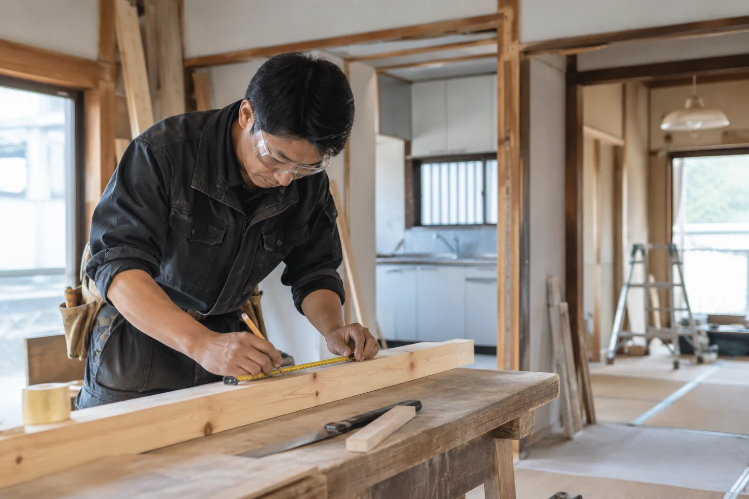 作業台で木材を確かめる大工