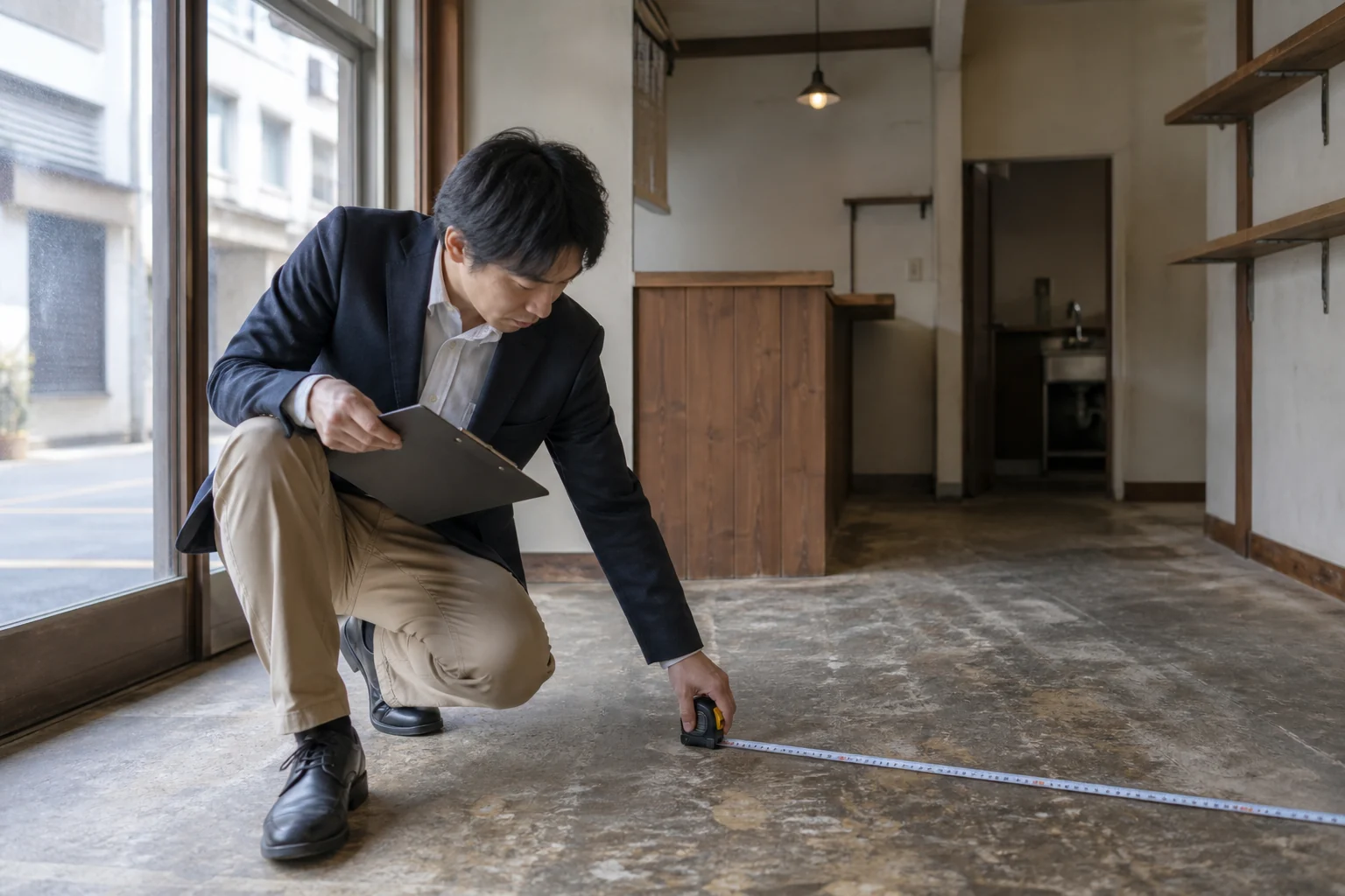空き店舗の条件を調べる担当者