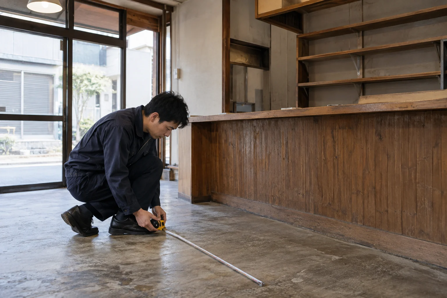 空き店舗の条件を調べる担当者