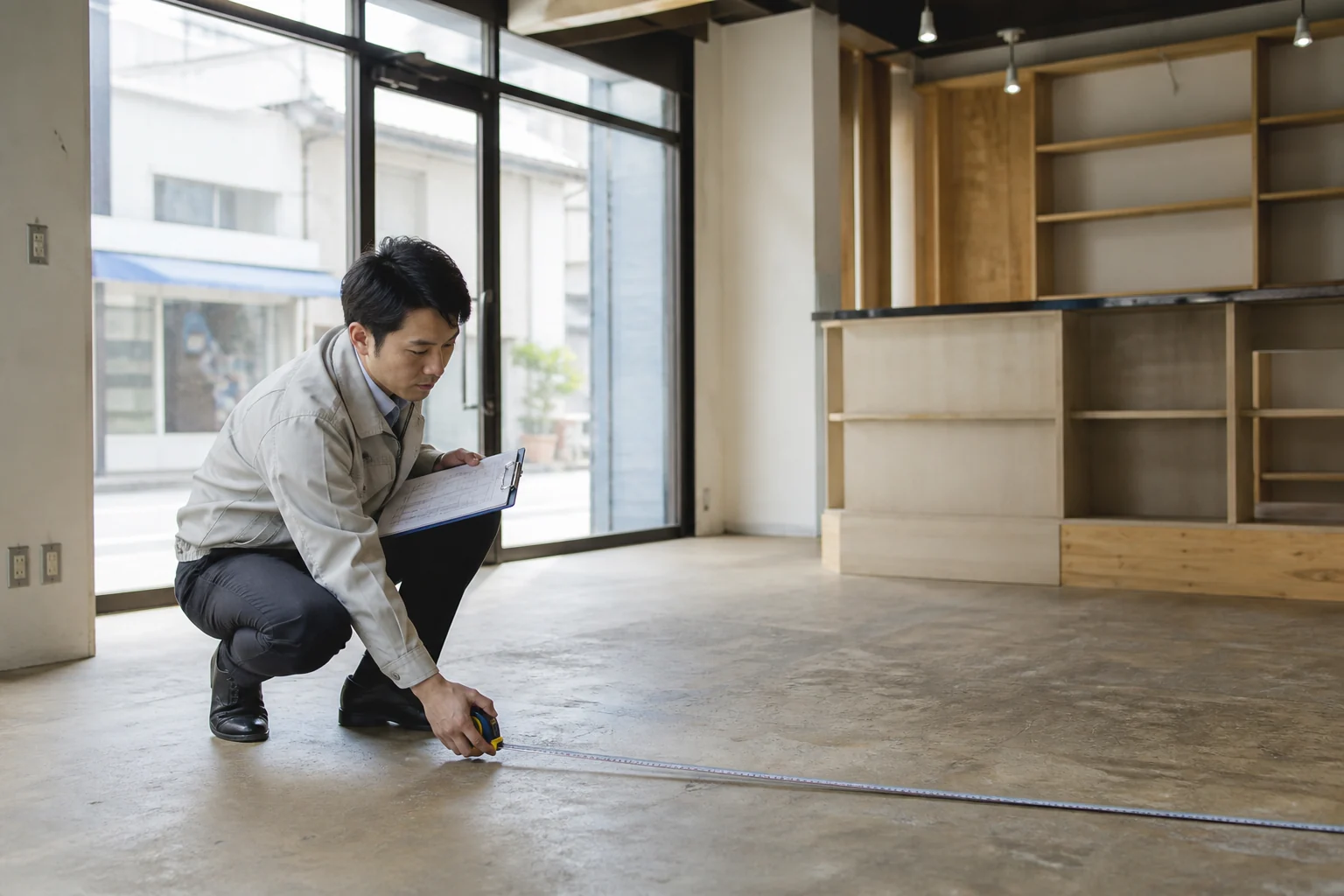 空き店舗の条件を調べる担当者