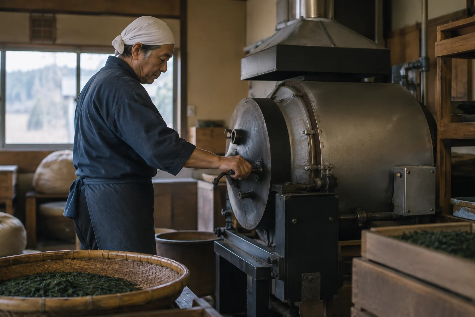 工房で茶葉の火入れをする担当者