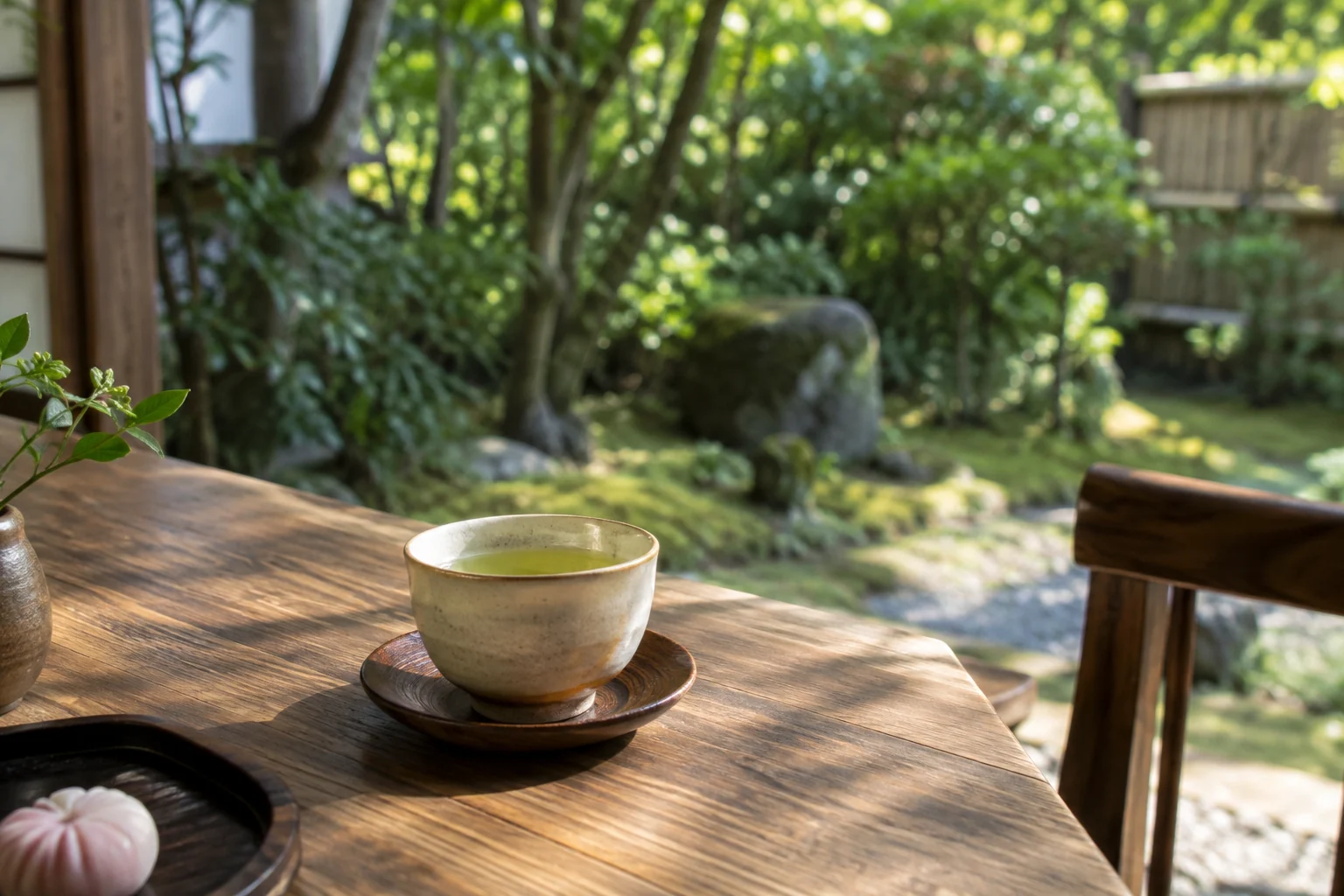 木の食卓に置いたお茶の湯呑み