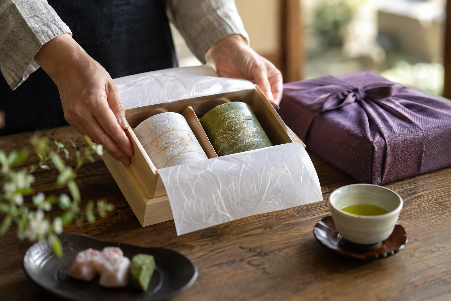 籠に集めた新鮮な茶葉