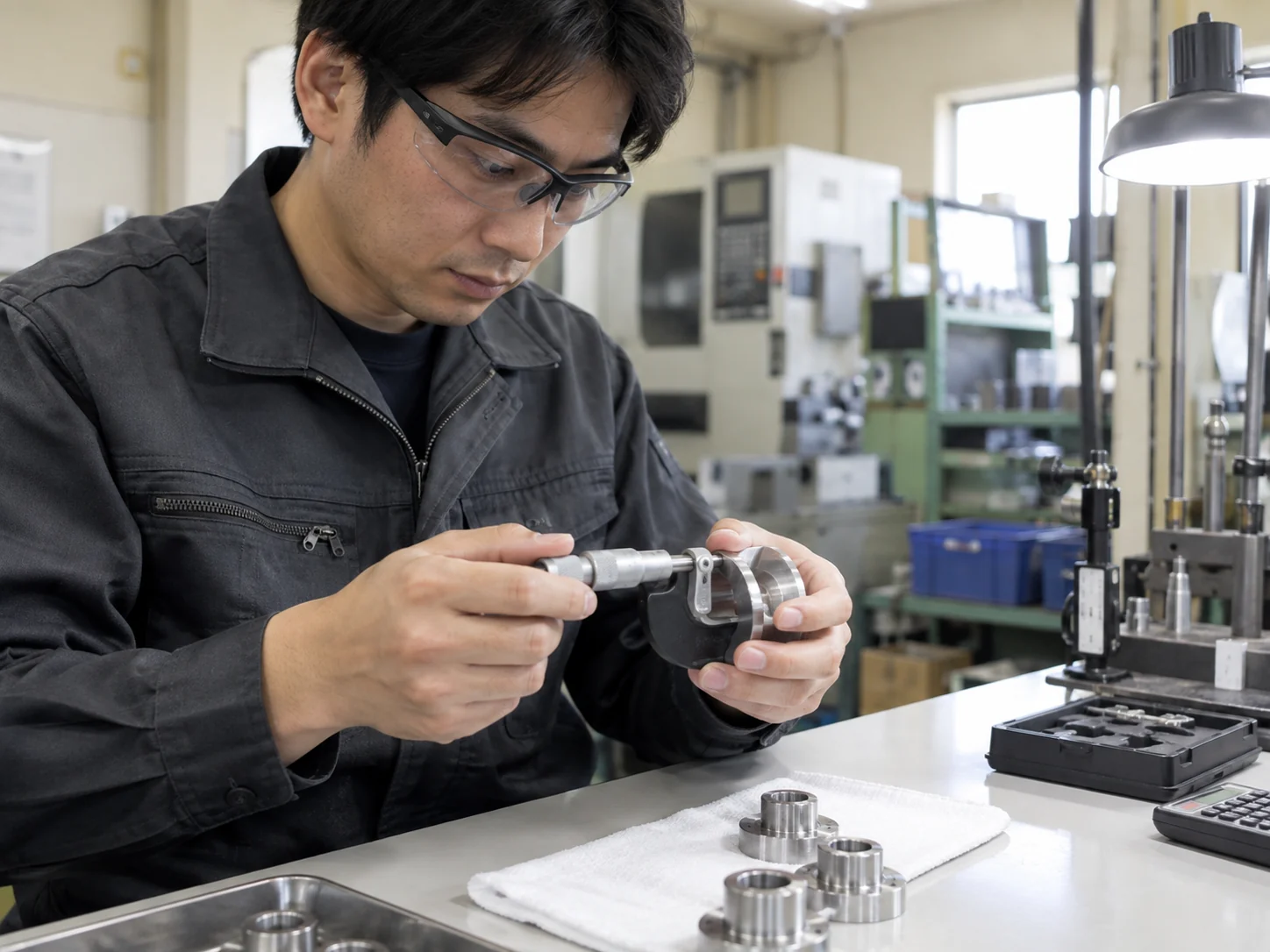 閉じた加工機のそばで後輩へ教える先輩