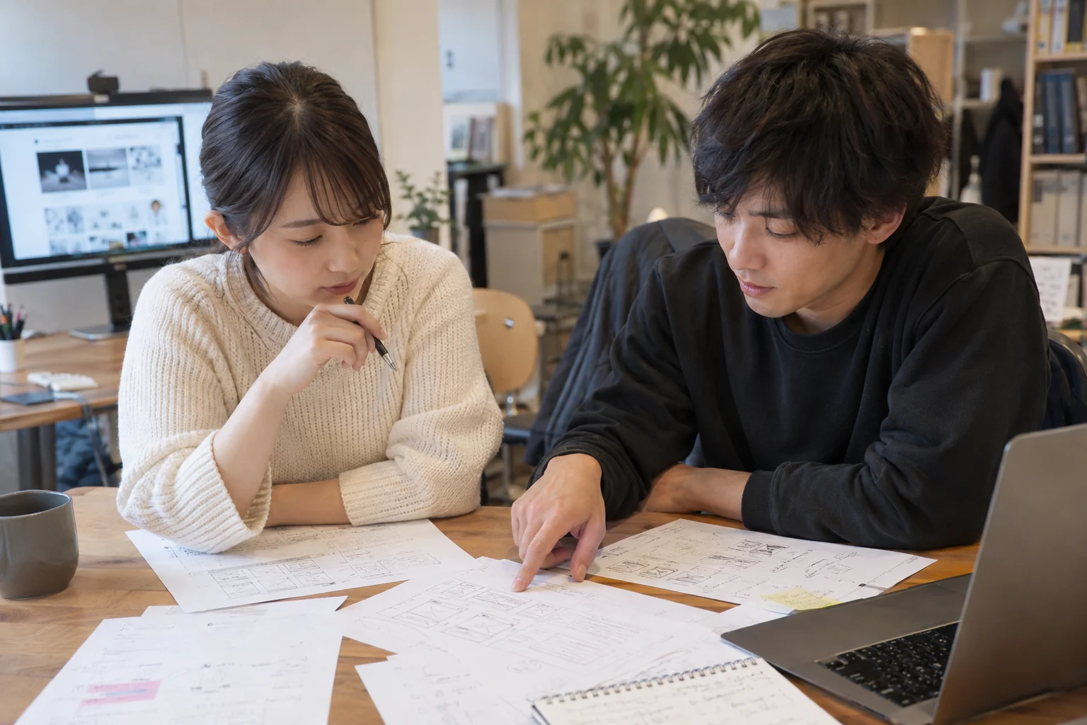 植物と共有机のある制作スタジオ