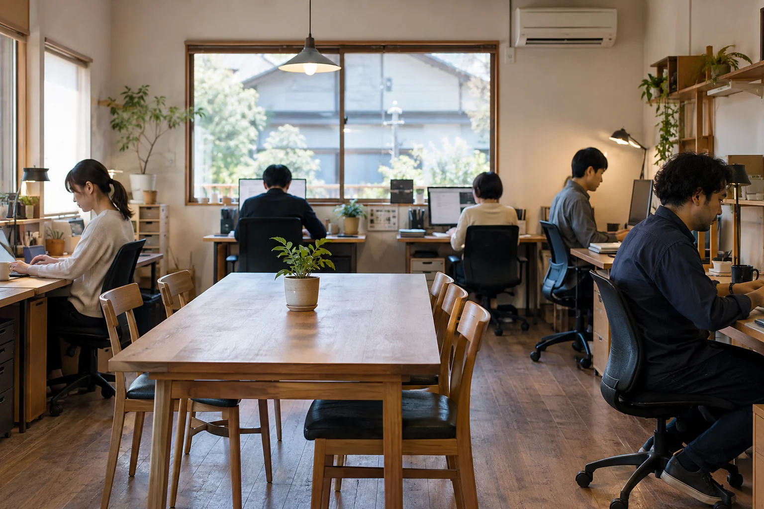 木の机を置いた小さな事務所