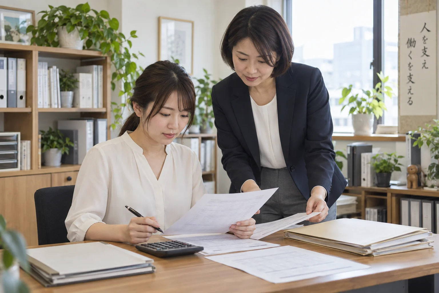資料を一緒に確認する二人の社員